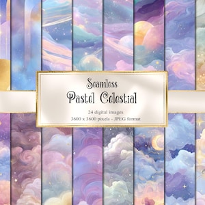 May include: A collection of 24 digital images with a seamless pastel celestial theme. The artwork features dreamy clouds, planets, and celestial bodies in soft hues of blue, purple, pink, and gold. The images are 3600 x 3600 pixels in JPEG format.