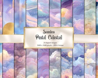 Pastelowy papier cyfrowy Celestial: bezszwowe wzory galaktyk (pobranie cyfrowe)