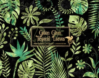 Green Glam Tropical Leaves Clipart, tropical palm fronds and leaf clip art and frame instant download for commercial use