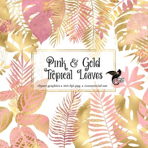 Clipart de folhas tropicais rosa e dourado, clipart de folhas tropicais em aquarela rosa e folha de ouro e download instantâneo de moldura para uso comercial