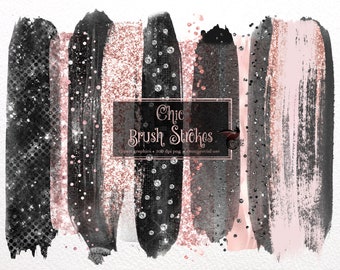 Blush Pink Watercolor Brush Stroke Clipart, Glitter Paint Elements (Digital PNG)