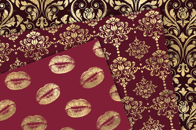 May include: A digital paper pack with three different patterns. The first pattern is a burgundy background with a gold damask design. The second pattern is a burgundy background with a gold damask design and gold glitter lips. The third pattern is a burgundy background with a gold damask design.