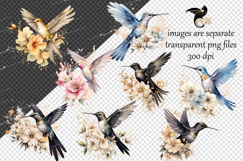 May include: A set of watercolour illustrations featuring hummingbirds and floral arrangements. The hummingbirds are depicted in various poses, with their wings spread and their beaks extended. The floral arrangements are composed of delicate flowers in shades of pink, white, and blue.