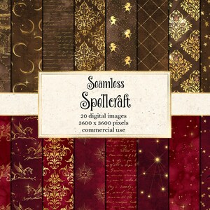 Spellcraft Digital Paper, naadloze fantasie achtergronden, sterrenhemel galaxy texturen, gouden sterren, eenhoorns, draken spell boek downloaden