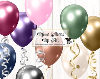 Chrome Balloons Clipart - shiny foil balloon and ribbons png clip art graphics instant download for commercial use