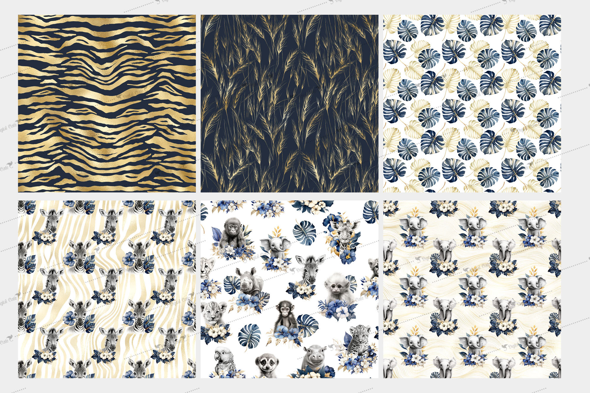 Navy and Gold Exotic Animals Digital Paper – Seamless Safari (digital ...