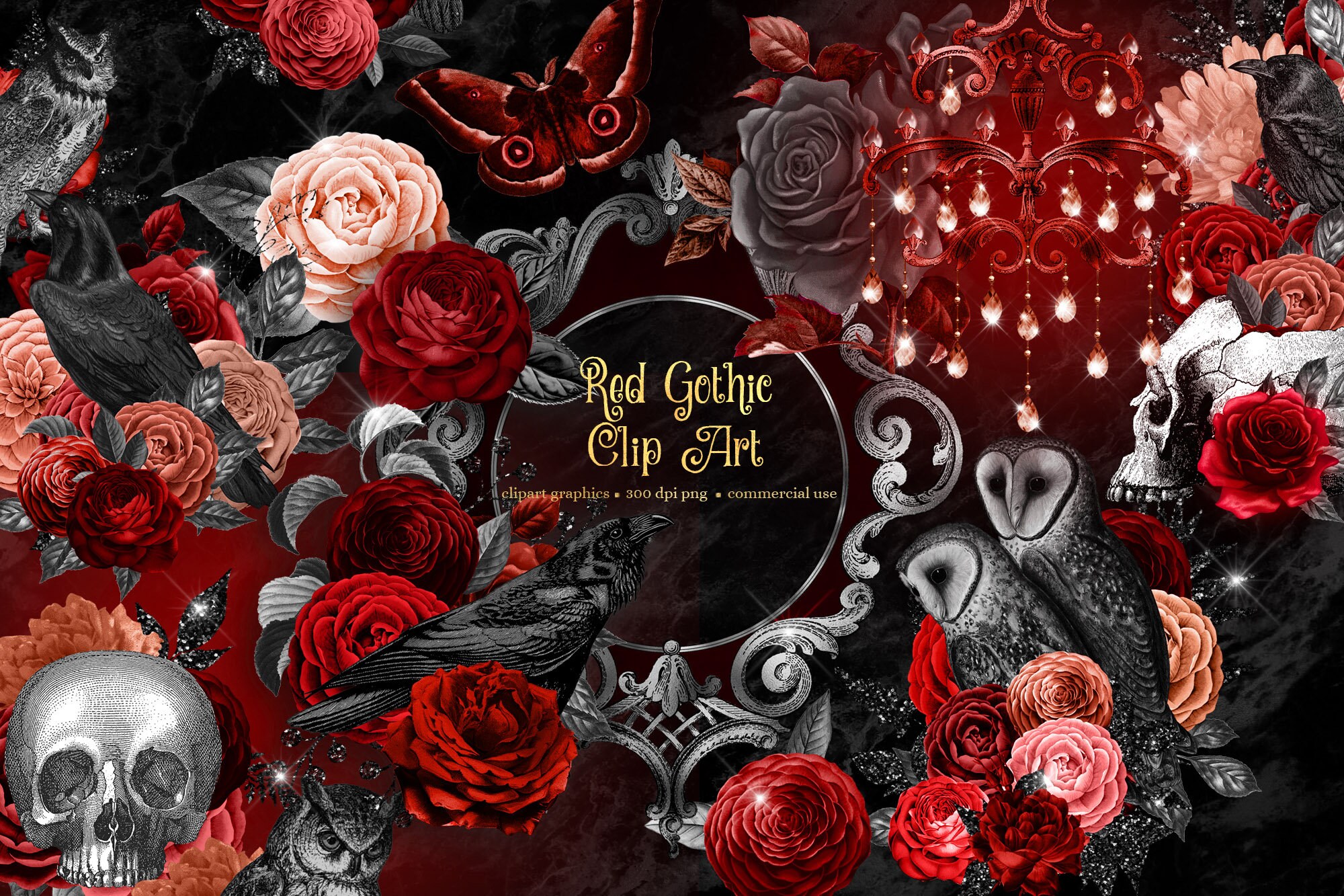 Red Gothic Clipart – Dark Glam Graphics, Skulls, Ravens (PNG