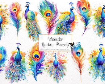 Watercolor Rainbow Peacock Clipart, Fantasy Feather Graphics (PNG Digital Download)