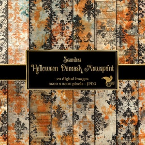 Halloween Damask Newsprint digital paper, instant download vintage scrapbook paper, old paper textures, aqua printable backgrounds