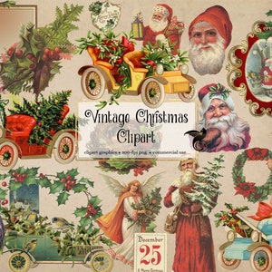 Vintage Christmas Clipart, antique holiday clip art graphics, antique Santa and holly frames digital ephemera instant download