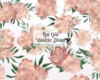 Rose Gold Watercolor Flowers Clipart - shimmering blush pink bouquets in PNG format instant download for commercial use