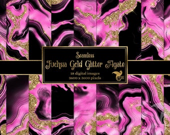 Könnte beinhalten: Nahtlose digitale Bilder mit einem fuchsiafarbenen, goldenen und schwarzen Achatmuster. Das Design hat einen Marmoreffekt mit goldenen Glitzerakzenten. Der Text auf dem Bild lautet "Seamless Fuchsia Gold Glitter Agate".