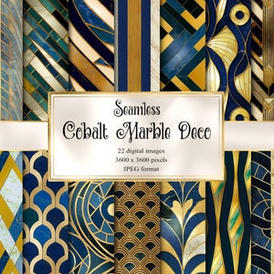 Puede incluir: Un conjunto de 22 patrones digitales sin costuras que presentan texturas de mármol azul cobalto y oro con diseños geométricos. Los patrones son de 3600 x 3600 píxeles y en formato JPEG. Decoración de mármol de cobalto sin costuras.