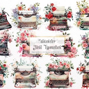 May include: Ten watercolor illustrations of vintage typewriters with floral arrangements. Each typewriter is decorated with pink, red, and white flowers, leaves, and watercolor splatters. The text "Watercolor Floral Typewriters" is written in gold lettering on a white background.