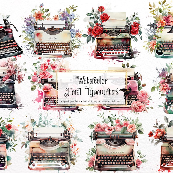 Watercolor Floral Typewriters Clipart - Valentine love letter PNG format instant download for commercial use