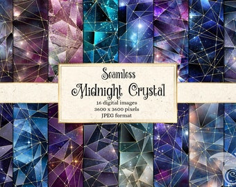 Midnight Crystal Digital Paper, seamless texture geometric galaxy star backgrounds, printable scrapbook paper instant download