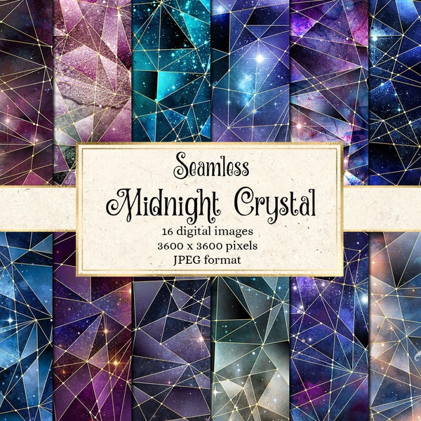 Midnight Crystal Digital Paper, seamless texture geometric galaxy star backgrounds, printable scrapbook paper instant download