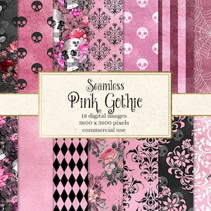 Pink Gothic digital paper, seamless skull damask Halloween scrapbook papers, distressed grunge textures, goth backgrounds, vintage Victorian