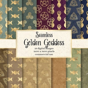 Gold Goddess Digital Paper, occult magick witchcraft gold foil backgrounds, printable scrapbook paper, celtic knot, pentagram patterns