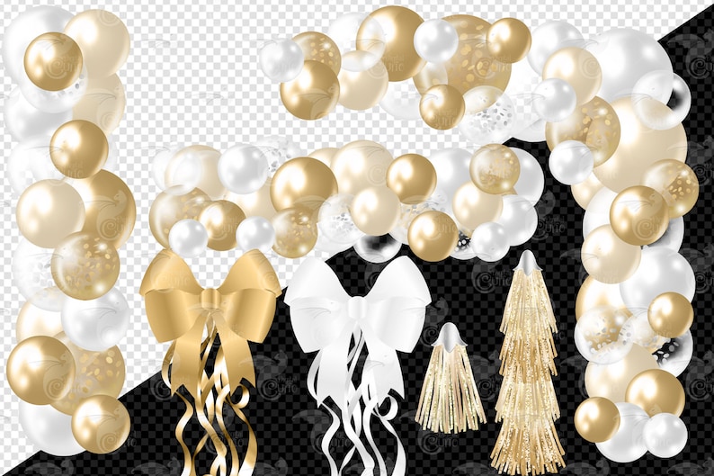 Gold Balloon Arch Clipart, Ribbons and Confetti (PNG Digital Download ...