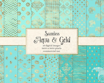 May include: A set of 18 digital seamless patterns in aqua and gold. The patterns include various designs such as damask, chevron, crowns, polka dots, and lips. The patterns are 3600 x 3600 pixels and are for commercial use.