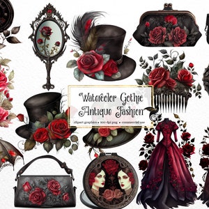 Watercolor Gothic Antique Fashion Clipart - vintage Victorian PNG format instant download for commercial use