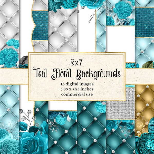 5x7 Teal Floral Backgrounds, diamond luxury tufted digital paper, wedding invitation backgrounds, luxury textures with teal roses