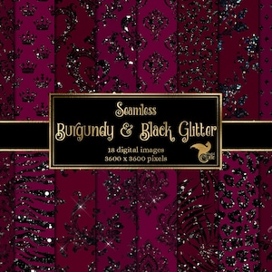 Carta digitale glitter bordeaux e nera, carta da scrapbooking stampabile con motivo damascato senza soluzione di continuità, download immediato per uso commerciale