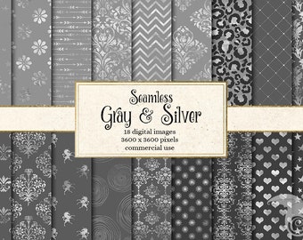 May include: A set of 18 digital seamless patterns in gray and silver featuring various designs, including stars, hearts, arrows, damask, and geometric patterns. The patterns are 3600 x 3600 pixels and are for commercial use.