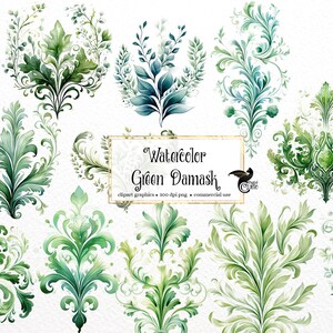 May include: Watercolor Green Damask clipart graphics. The image features a collection of green floral designs in various shapes and styles. The designs include leaves and swirls, with a watercolor effect. The text "Watercolor Green Damask" is also present.
