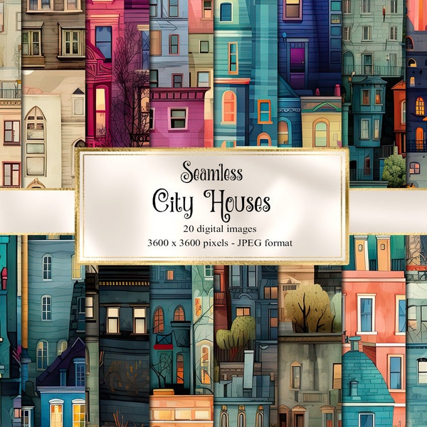 City Houses Digital Paper, fond de planches de bois de papier de scrapbooking imprimable de maison mignonne sans soudure