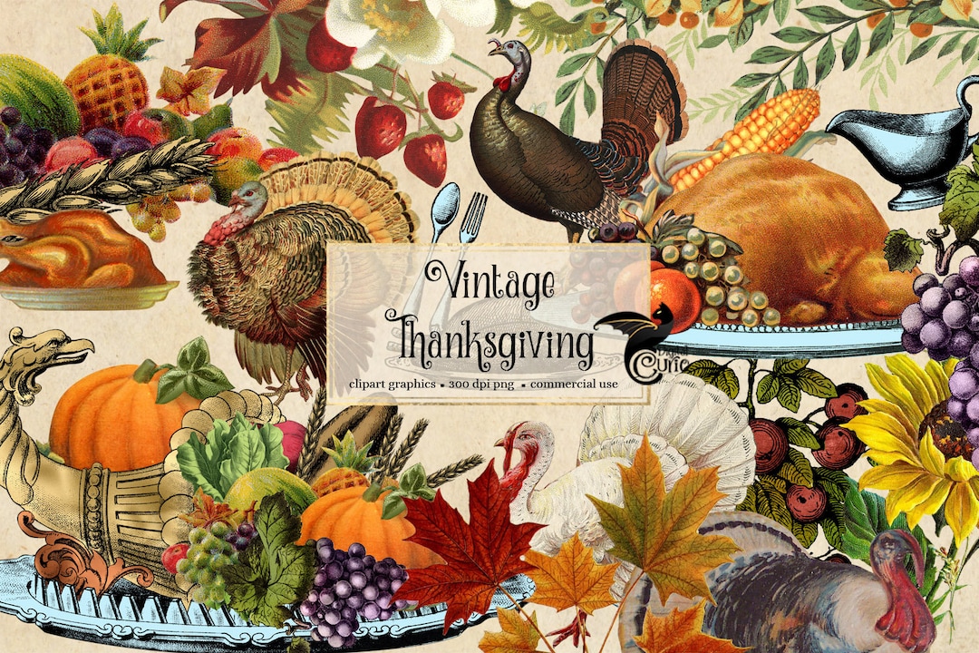 Vintage Thanksgiving Clipart, Antique Fall Graphics (PNG, Digital ...