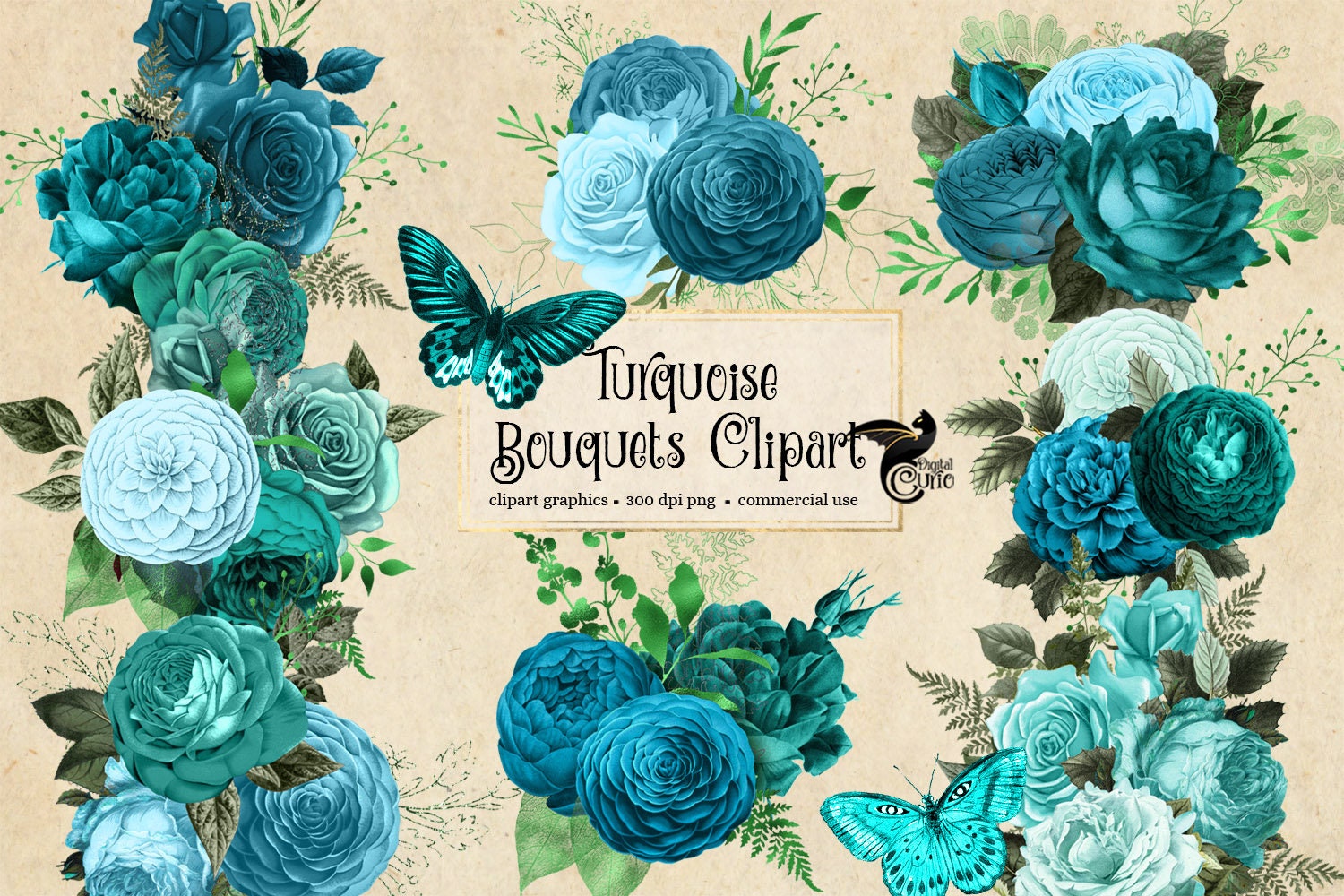 Turquoise Bouquets Floral Clip Art Digital Instant Download | Etsy
