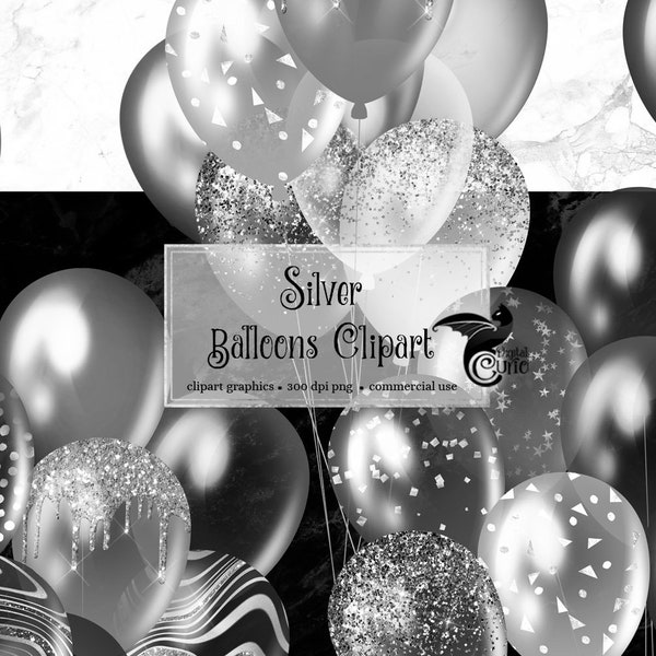 Silver Balloons Clipart, glitter balloon png digital overlays with foil confetti for birthdays instant download commercial use