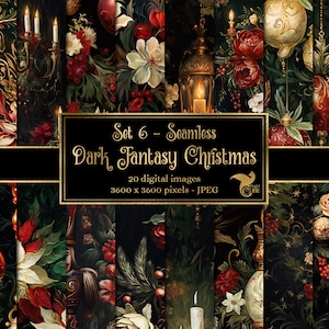 Dark Fantasy Christmas Digital Paper, seamless backgrounds pattern gothic rococo floral dark oil paint textures - Set 6