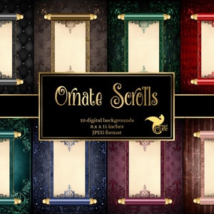 May include: Ten digital backgrounds featuring ornate scrolls with blank parchment paper. Each scroll is set against a different patterned background, including black, brown, green, blue, red, and wood. The scrolls are 8.5 x 11 inches and in JPEG format.