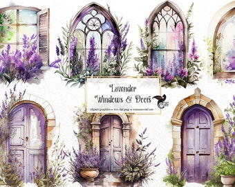 Aquarell Lavendel Fenster und Türen Clipart - Cottagecore PNG (digitaler Download)