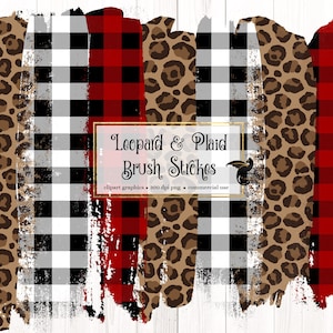 Leopard und Plaid Brush Strokes Clipart, im digitalen PNG-Format sofortiger Download für Sublimation und kommerzielle Nutzung