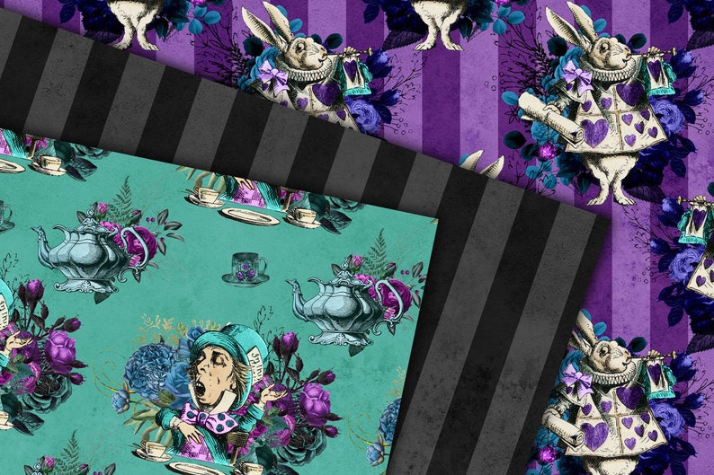 Dark Alice Digital Paper, vintage Alice's Adventures in Wonderland seamless patterns in purple and teal printable scrapbook paper image 3