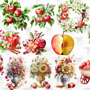 May include: Watercolor illustrations of apples, flowers, and a jar of honey. The illustrations are in a vintage style and feature a variety of colors, including red, green, yellow, and white.