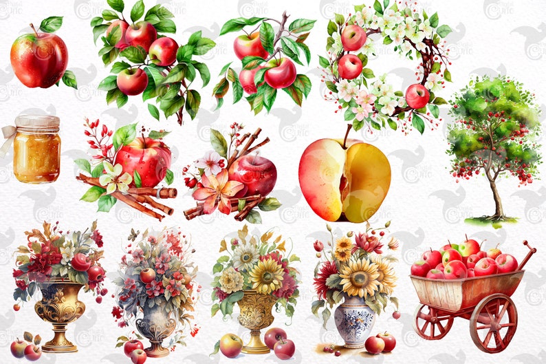 May include: Watercolor illustrations of apples, flowers, and a jar of honey. The illustrations are in a vintage style and feature a variety of colors, including red, green, yellow, and white.
