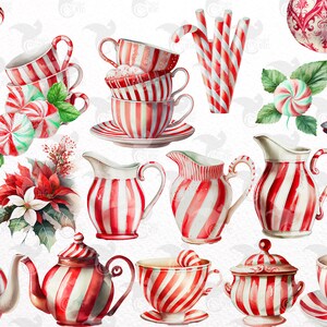 May include: A collection of red and white striped Christmas themed kitchenware, including a teapot, creamer, sugar bowl, cups, and saucers. The items are decorated with candy cane stripes and a festive poinsettia.