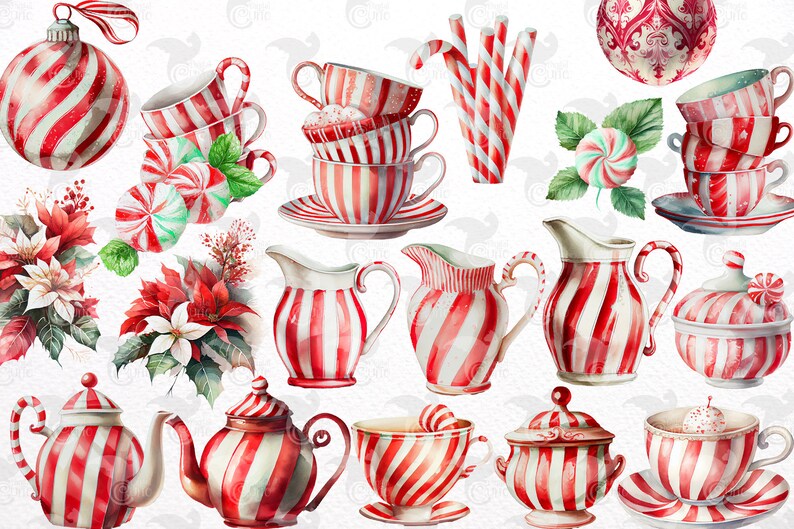 May include: A collection of red and white striped Christmas themed kitchenware, including a teapot, creamer, sugar bowl, cups, and saucers. The items are decorated with candy cane stripes and a festive poinsettia.
