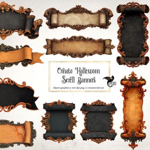 May include: A collection of ornate Halloween scroll banners in various shapes and sizes. The banners feature dark backgrounds with decorative gold and bronze scrollwork. Some banners are rolled, while others are flat.