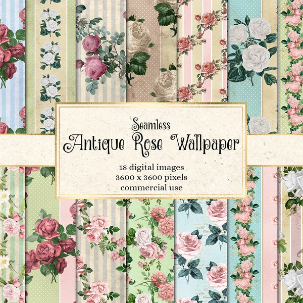 Antique Rose Wallpaper Digital Paper, seamless rose printable scrapbook paper grunge distressed textures and patterns for commercial use
