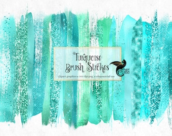 Turquoise Paint Strokes Clipart, Aqua Glitter, Gold Foil (Digital PNG)
