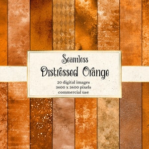 Könnte beinhalten: Ein Set mit 20 nahtlosen digitalen Papiertexturen in Orange- und Brauntönen. Die Texturen haben einen abgenutzten, Vintage-Look. Der Text "Seamless Distressed Orange" wird in einem weißen Rechteck auf weißem Hintergrund angezeigt. Der Text "20 digitale Bilder 3600 x 3600 Pixel kommerzielle Nutzung" wird unter dem Titel angezeigt.
