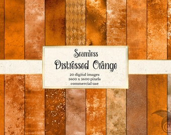 May include: A set of 20 seamless digital paper textures in shades of orange and brown. The textures have a distressed, vintage look. The text "Seamless Distressed Orange" is displayed in a white rectangle on a white background. The text "20 digital images 3600 x 3600 pixels commercial use" is displayed below the title.