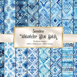 Acuarela Azul Batik Papel digital, descarga instantánea de papel de álbum de recortes imprimible tribal transparente para uso comercial
