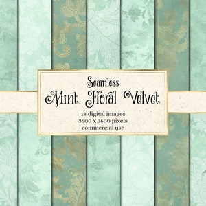 Mint Floral Velvet Digital Paper, seamless patterns in mint green on vintage velvet textures instant download for commercial use